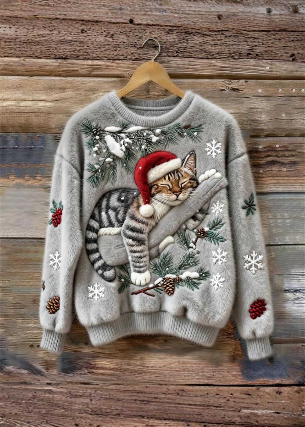Fluffy | Sweter Damski Christmas Lazy Cat Art – Przytulny, Pluszowy